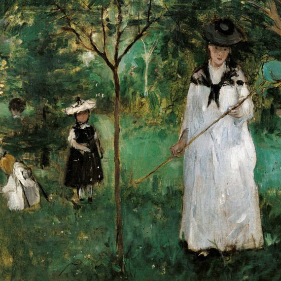 Chasing Butterflies, by Berthe Morisot, 1875, 19th Century, oil on canvas. France, Paris, Musée d'Orsay. Detail. A woman and some children are chasing butterflies in a garden. (Photo by Laurent Lecat/Electa/Mondadori Portfolio via Getty Images)
